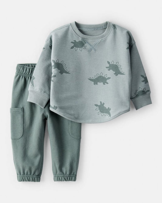 Carter's Baby Boy Dinosaur French Terry Long-Sleeve Tee & Pant Set- Green/Grey