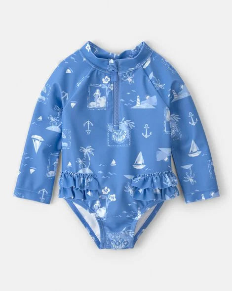 Carter's Baby Girl Sailboat Long-Sleeve 1-Piece Rashguard Swimsuit - Blue