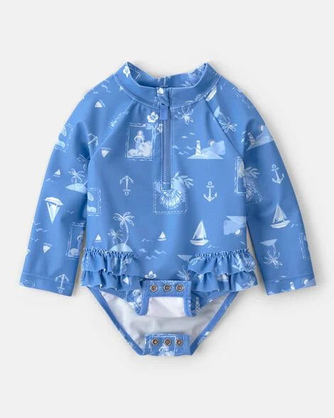 Carter's Baby Girl Sailboat Long-Sleeve 1-Piece Rashguard Swimsuit - Blue