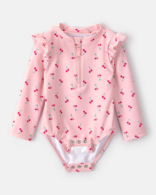 Carter's Baby Girl Cherry Long-Sleeve 1-Piece Rashguard Swimsuit - Pink