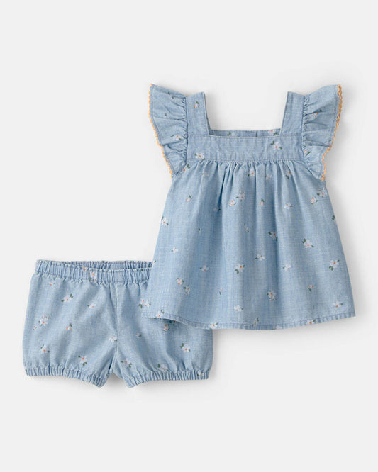 Oshkosh Baby Girl 2-Piece Floral Chambray Top & Short Set - Blue