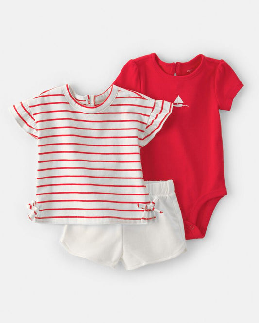 Carter's Baby Girl 3-Piece Sailboat Short-Sleeve Top, Bodysuit & Short Set - Red/White