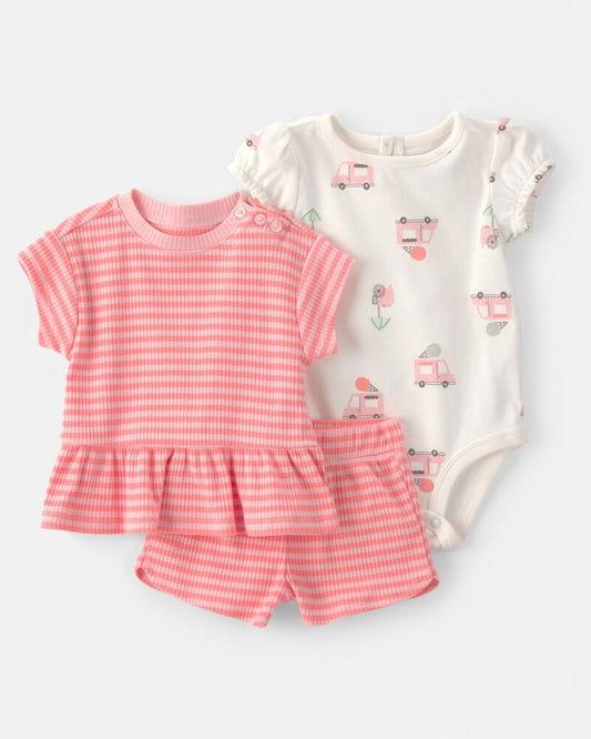 Carter's Baby Girl 3-Piece Ice Cream Truck Short-Sleeve Top, Bodysuit & Short Set - Pink/Ivory
