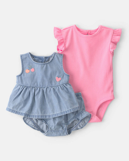 Carter's Baby Girl 3-Piece Cherry Chambray Sleeveless Top, Bodysuit & Short Set - Pink/Blue