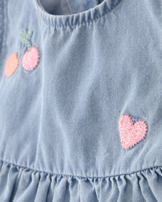 Carter's Baby Girl 3-Piece Cherry Chambray Sleeveless Top, Bodysuit & Short Set - Pink/Blue
