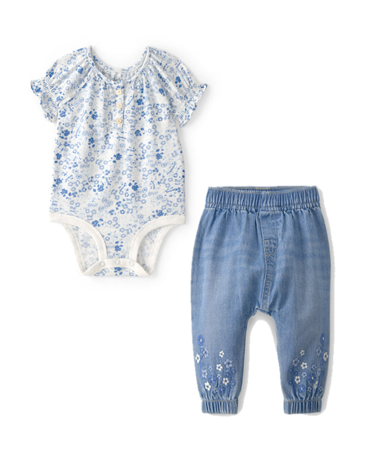 Oshkosh Floral Bodysuit with Pull-On Denim Jogger