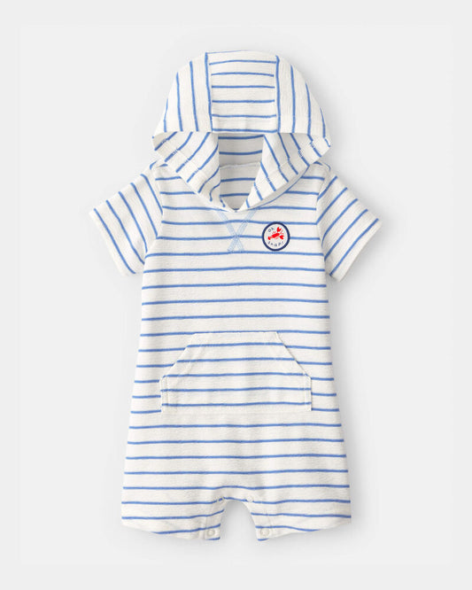 Carter's Baby Boy 'Oh Snap!' Lobster Stripe Short-Sleeve Hooded Romper - Blue/White