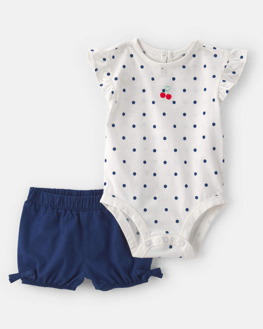 Carter's Baby Girl 2-Piece Cherry Polka Dots Short-Sleeve Bodysuit & Short Set - White/Blue