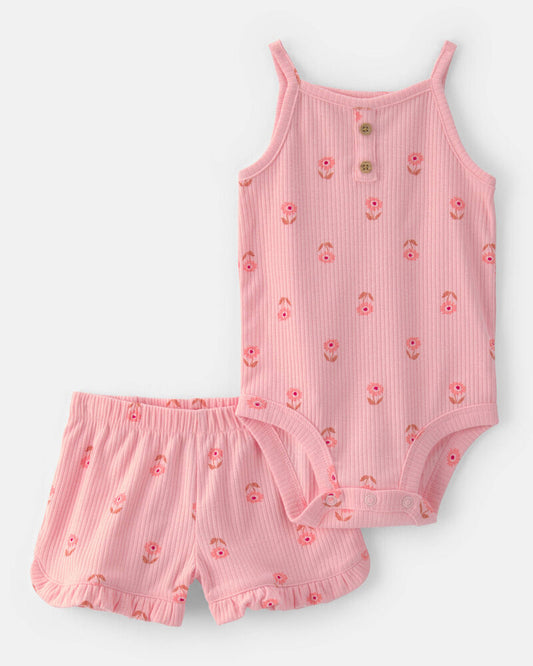 Carter's Baby Girl 2-Piece Floral Sleeveless Bodysuit & Short Set - Pink