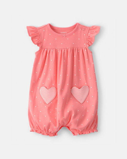 Carter's Baby Girl Heart Pocket Short-Sleeve Romper - Coral