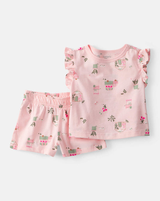 Carter's Baby Girl 2-Piece Flower Truck Top & Short Set - Pink