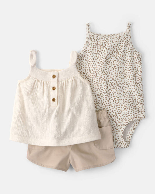 Carter's Baby Girl 3-Piece Cheetah Solid Top & Short Set - Brown