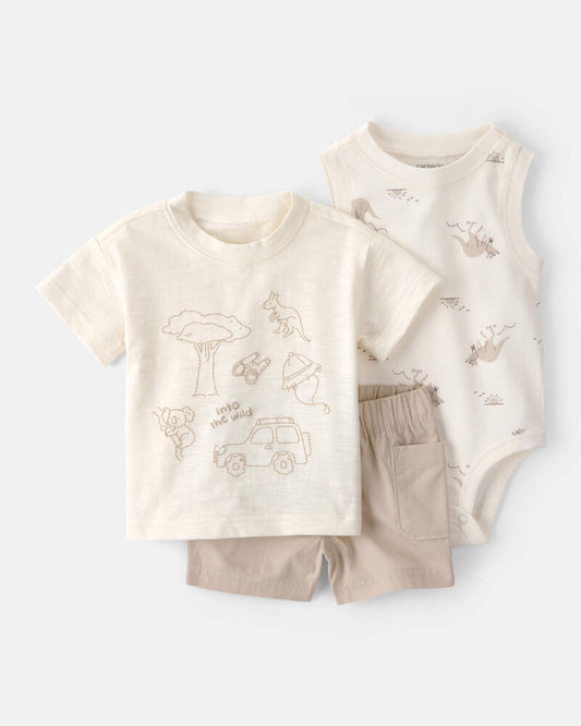 Carter's Baby Boy 3-Piece Into The Wild Short-Sleeve Top & Short Set - White/Brown