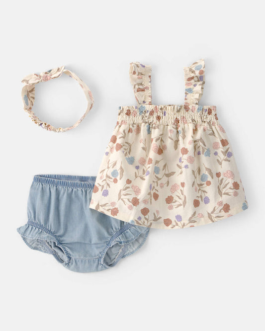 Carter's Baby Girl 2-Piece Floral Short-Sleeve Bodysuit Dress - Brown/Blue