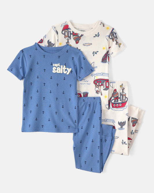 Carter's Baby Boy Anchor 100% Cotton Snug Fit 4-Piece Pajama Set - Blue/Cream