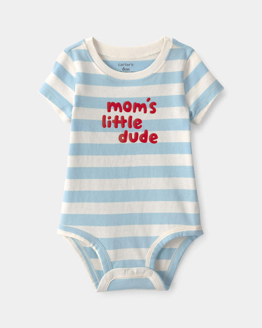 Carter's Baby Boy 'Mom's Little Dude' Striped Graphic Bodysuit - Blue/Ivory