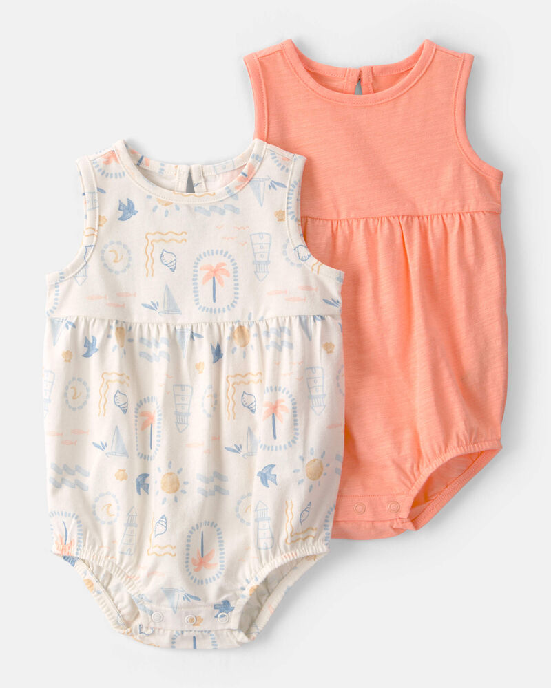 Carter's Baby Girl 2-Pack Beach Print Cotton Bubble Rompers - Orange/Ivory