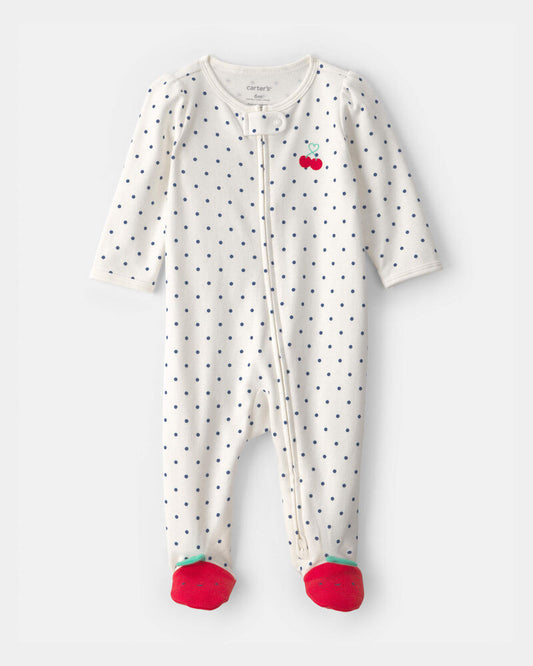 Carter's Baby Girl Cherry 2-Way Zip 100% Cotton Sleeper - White