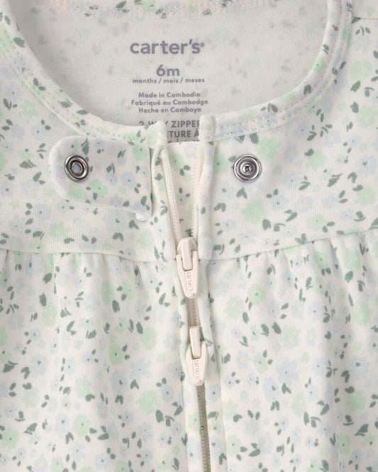 Carter's Baby Girl Floral 2-Way Zip 100% Cotton Sleeper - Green/Ivory