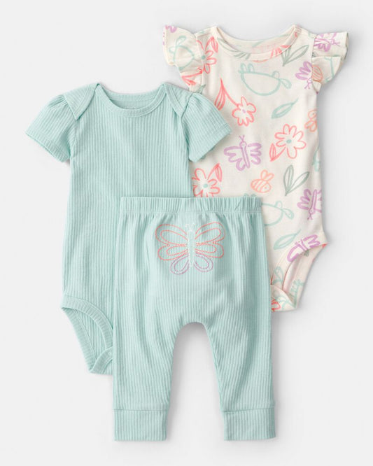 Carter's Baby Girl 3-Piece Butterfly Bodysuits & Pant Set - Blue/White