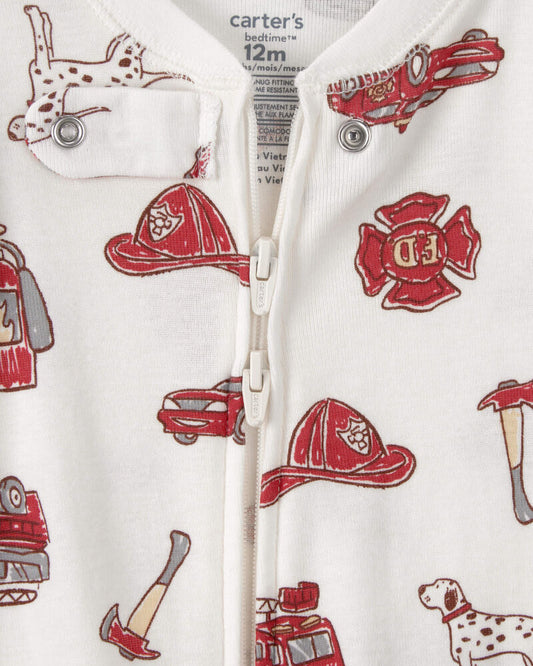 Carter's Baby Boy Firetruck 100% Cotton Snug Fit 1-Piece Pyjama Set - White