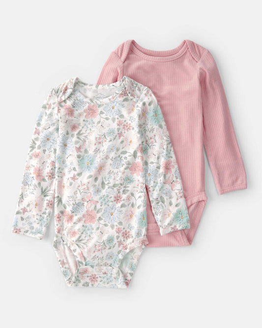 Baby Girl 2-Pack Butterfly Garden Multipack Bodysuits - Pink/Ivory