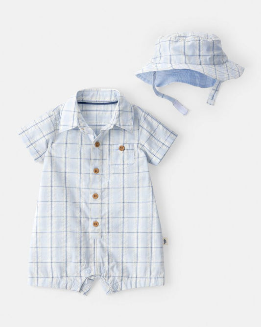Carter's Baby Boy 2-PC Plaid Romper & Hat Set - Blue