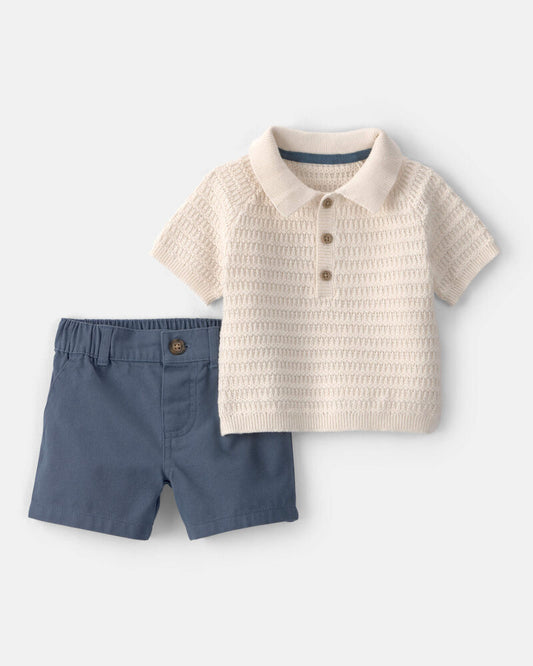 Carter's Baby Boy 2-Piece Collared Shirt & Short Set - Cream/Blue
