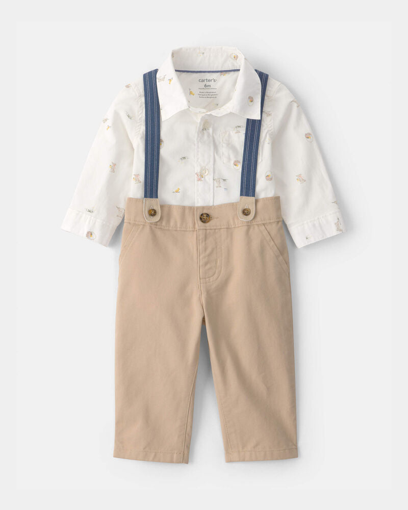Baby Boy 2-Piece Bunny Bodysuit & Suspender Pant Set - Cream/Khaki