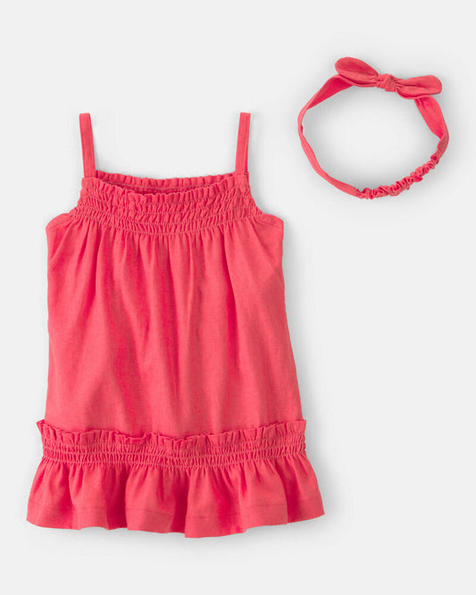 Carter's Baby Girl 2-Piece Solid Linen Sleeveless Dress Set - Pink/Red