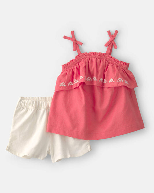 Carter's Baby Girl 2-Piece Solid Linen Sleeveless Top & Short Set - Pink/White