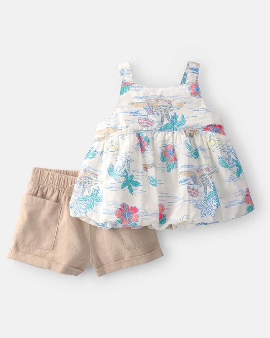 Carter's Baby Girl 2-Piece Palm Tree Tropical Sleeveless Top & Short Set - Brown/White