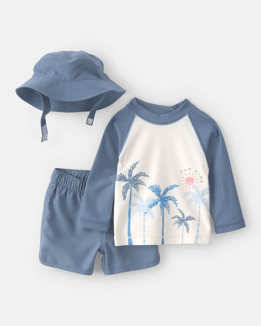 Carter's Baby Boy 3-Piece Palm Tree Solid Long-Sleeve Rashguard Swimsuit Set - White