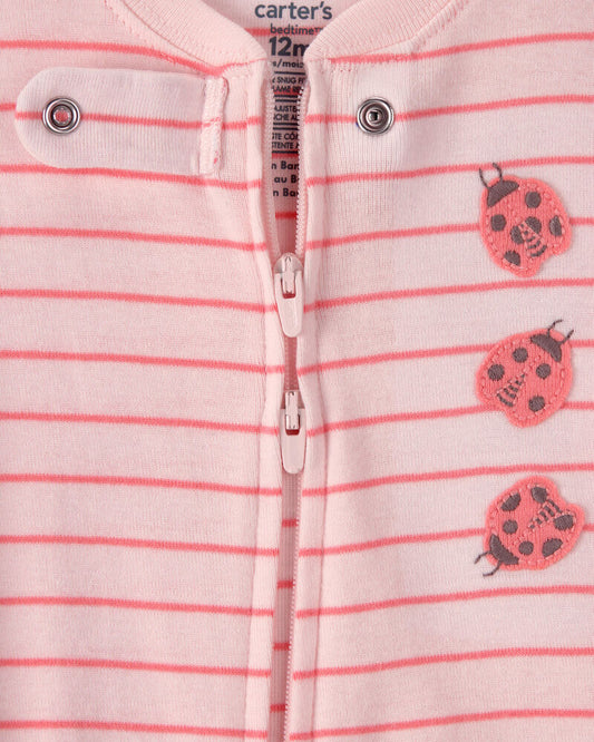Carter's Baby Girl Ladybug Striped 100% Cotton Snug Fit 1-Piece Pyjama Set - Pink