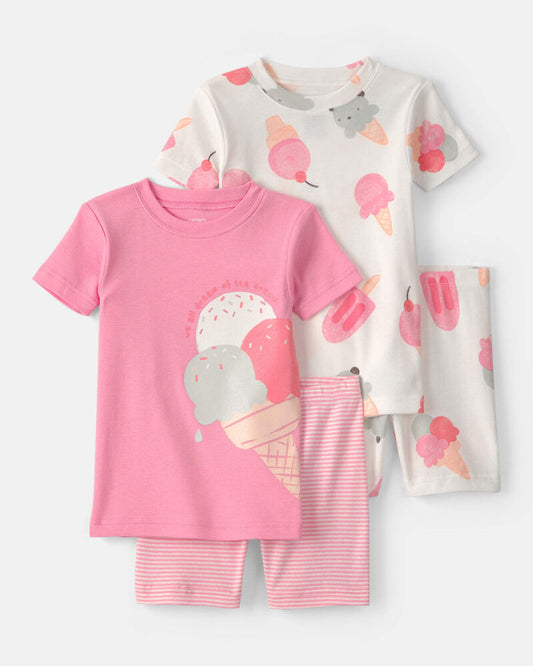 Carter's Baby Girl Ice Cream 100% Cotton Short-Sleeve Snug Fit 4-Piece Pyjama Set - Pink/Ivory