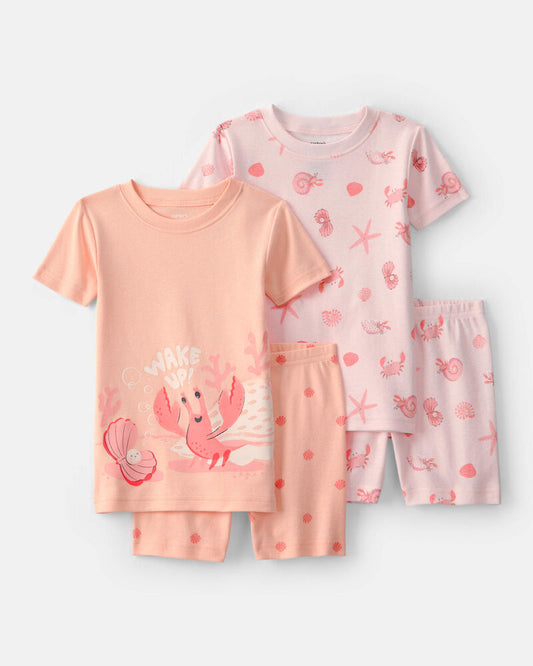Carter's Baby Girl Seashells 100% Cotton Short-Sleeve Snug Fit 4-Piece pyjama Set - Pink/Orange