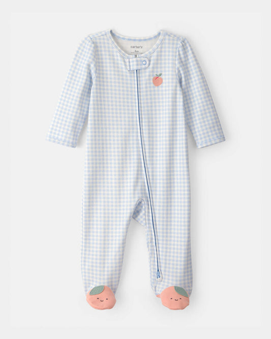 Carter's Baby Girl Peach Gingham 2-Way Zip 100% Cotton Sleeper - Blue
