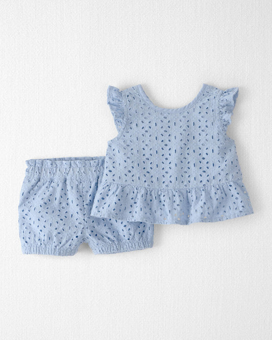 Baby Girl 3-Piece Organic Cotton Outfit Set in Blue Eyelet