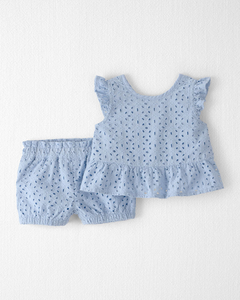 Baby Girl 3-Piece Organic Cotton Outfit Set in Blue Eyelet
