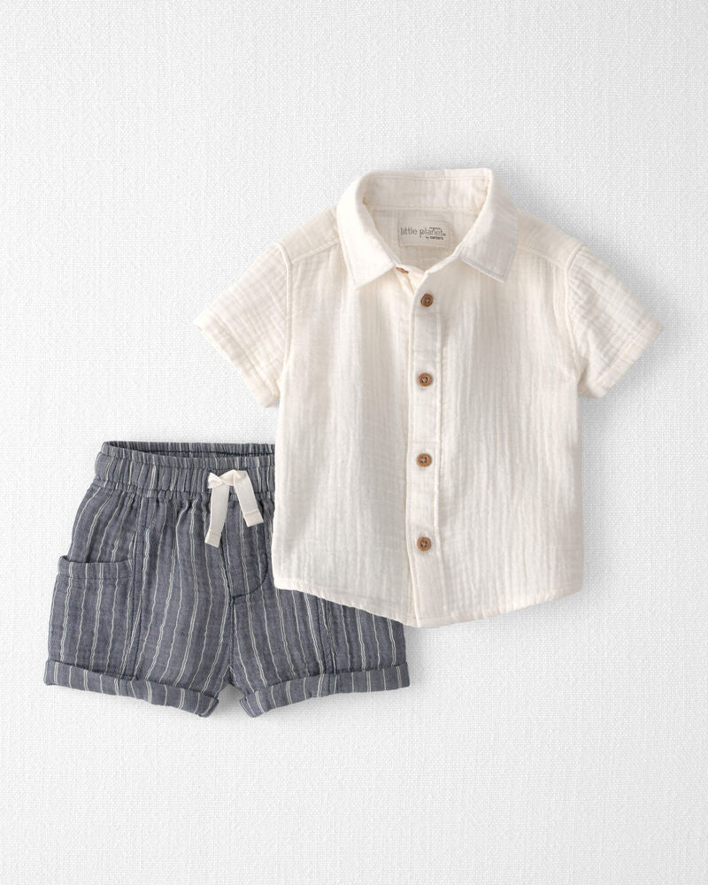 Baby Boy 2-Piece Organic Cotton Gauze Short Set in Cream
