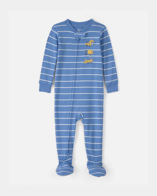 Carter's Baby Boy Construction Striped 100% Cotton Snug Fit 1-Piece Pyjama Set - Blue