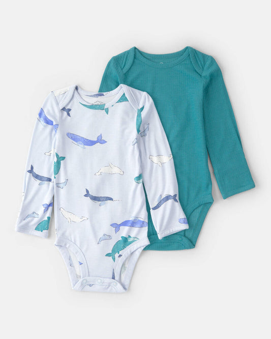 Baby 2-Pack Whale Solid PurelySoft Long-Sleeve Multipack Bodysuits - Blue