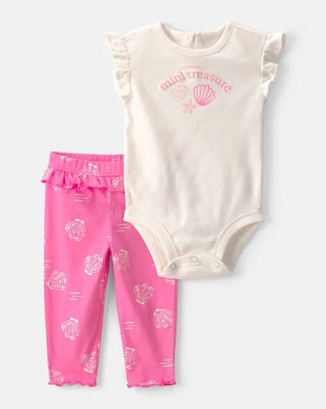 Carter's Baby Girl 2-Piece 'Mommy's Mini Treasure' Shell Bodysuit & Pant Set - Pink/Ivory