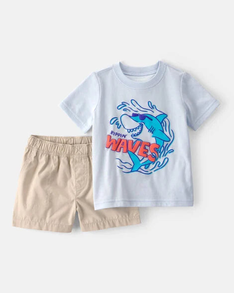 Carter's Baby Boy 2-Piece Shark Top & Short Set - Blue/Khaki