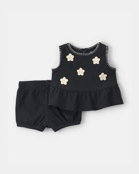 Carter's Baby Girl 2-Piece Floral Embroidered Top & Short Set - Black