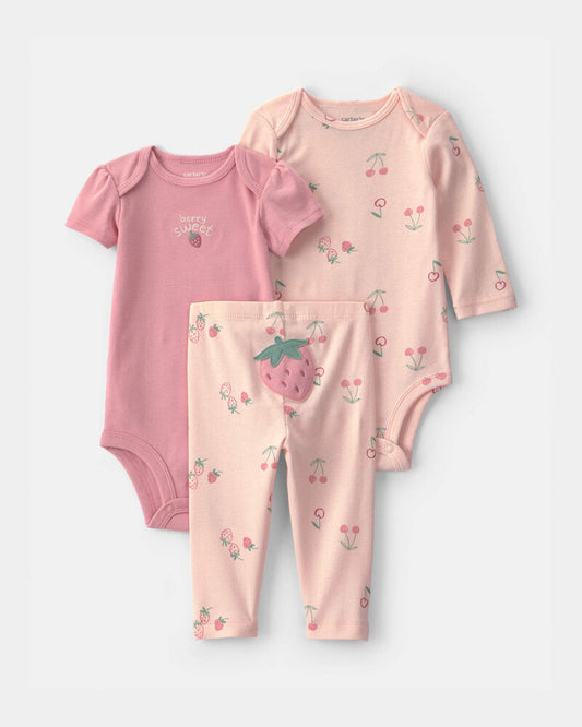 Carter's Baby Girl 3-Piece Strawberry Bodysuit & Pant Set - Pink