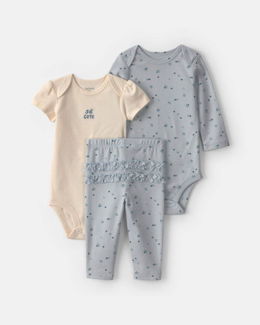 Carter's Baby Girl 3-Piece Blueberry Bodysuit & Pant Set - Blue/Ivory