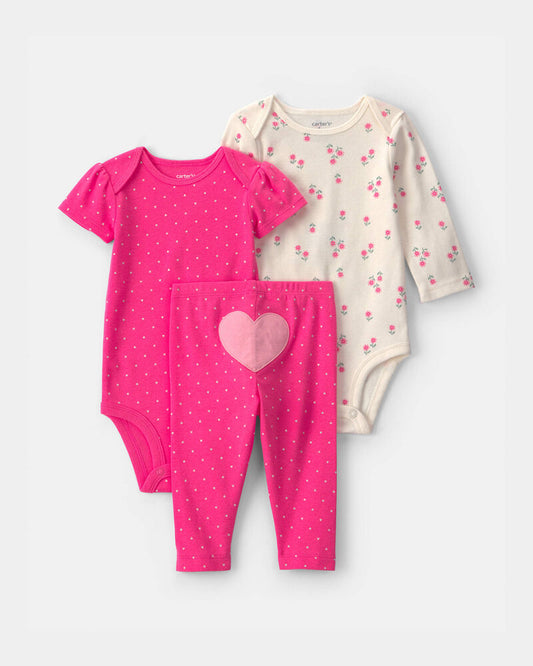 Carter's Baby Girl 3-Piece Heart Bodysuit & Pant Set - Pink/Ivory