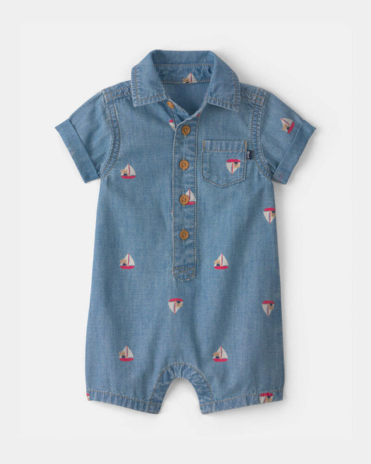 Oshkosh Baby Teddy Bear Sailboat Chambray Romper - Blue