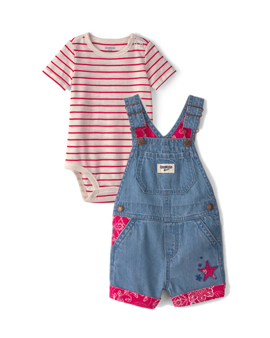 Oshkosh Baby Girl Bandana Denim Shortall with Striped Bodysuit